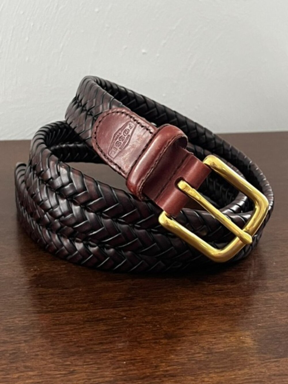 Fossil Maddox Brown Braided Woven Leather Belt Brass Buckle Men's Size 36